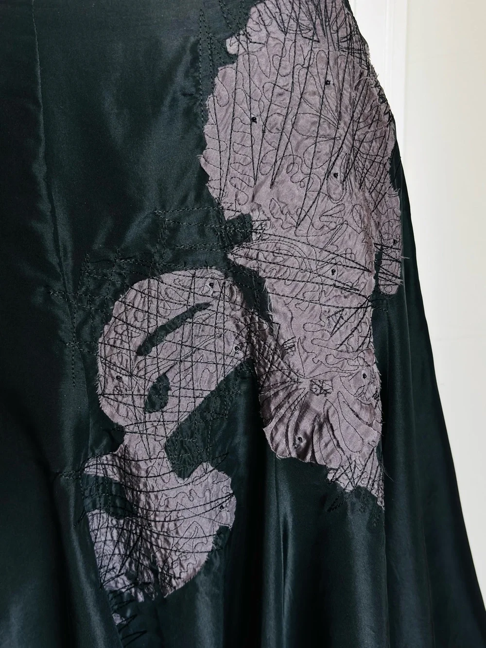 100% SILK - bebe Black A-Line Skirt with Gray Lace Panel